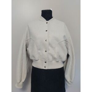 Zara Women Cream Crop Long sleeve Felt Bomber Pockets Jacket‎ Size L
